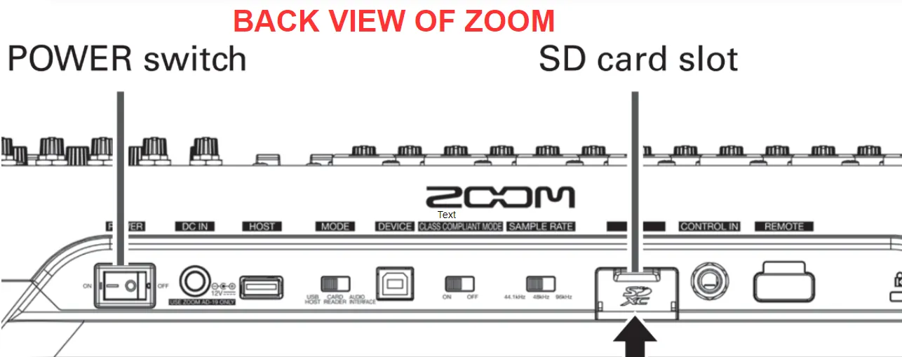 Back of the Zoom mixer showing the power switch and SD card slot