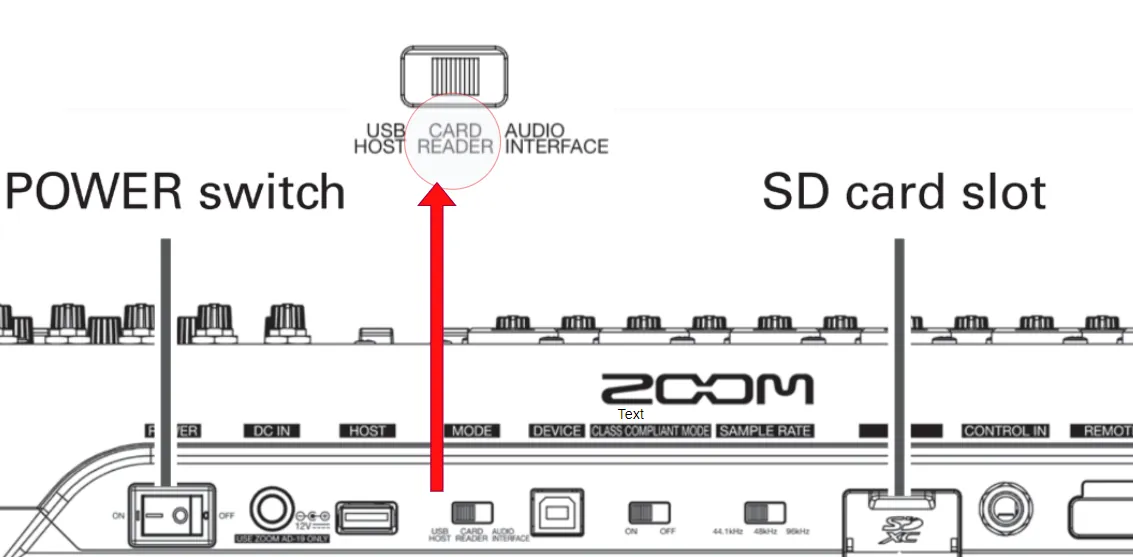Zoom mixer rear panel with the card reader mode switch