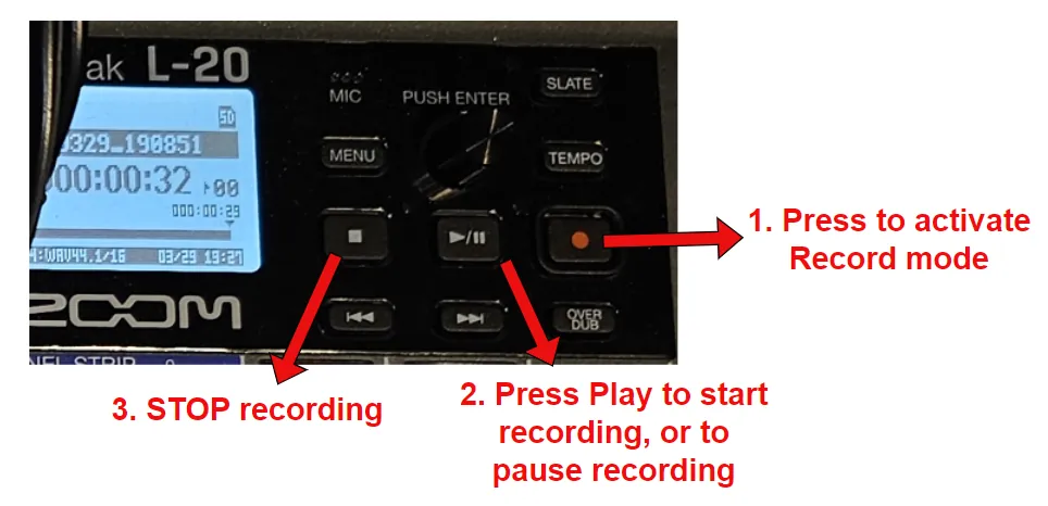 Zoom L-20 transport buttons: record, play and stop