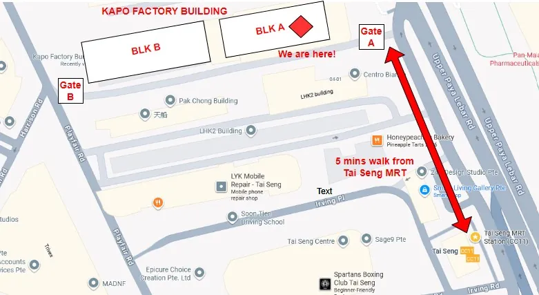 Walking route from Tai Seng MRT to Kapo Factory Building before 9pm