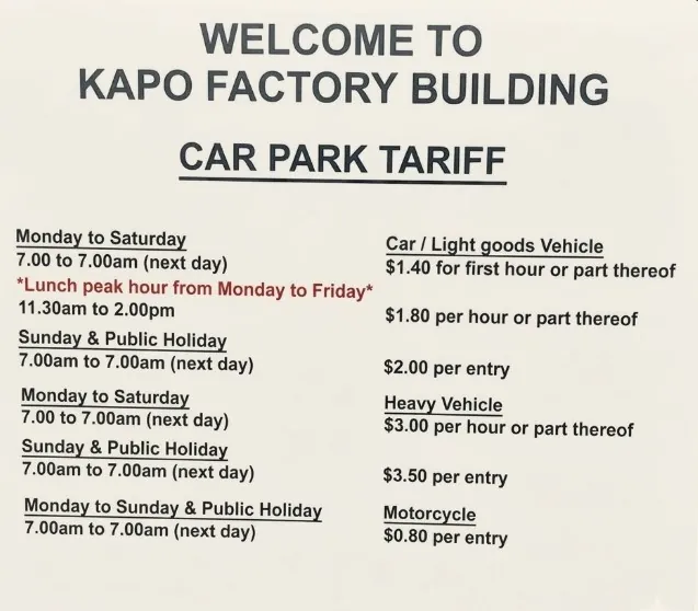 Kapo Factory Building car park tariff by vehicle type and time